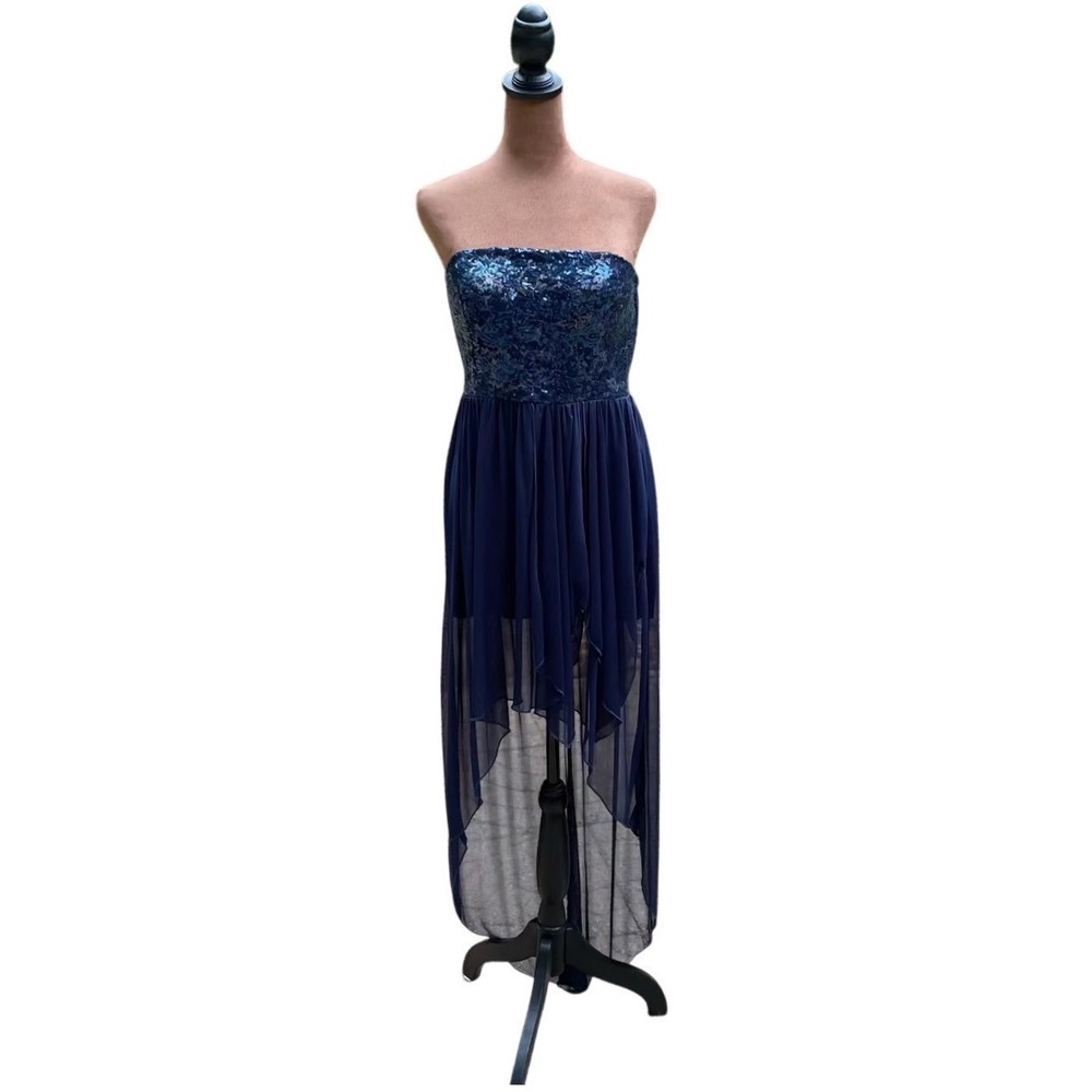 My Michelle Navy Sequin High-Low Dress Size 7 Strapless Formal Prom Party Glam